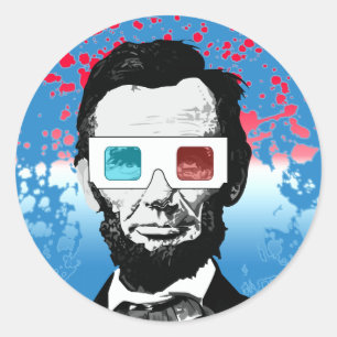 Pegatina Redonda Gafas 3D alegres de Abraham Lincoln Azul Claro Pop