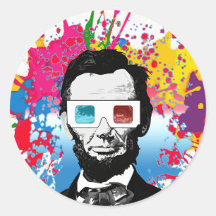 Pegatina Redonda Gafas 3D coloridas de Abraham Lincoln con salpicad