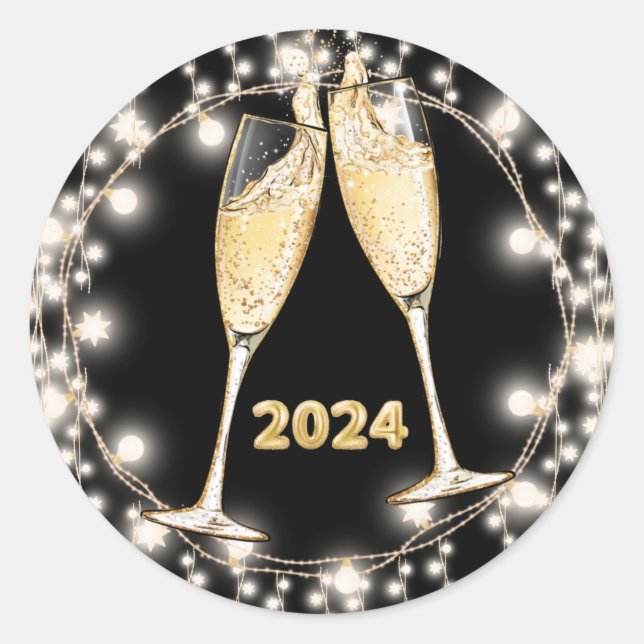 Pegatina Redonda Gafas de champán de Año Nuevo Luces de cuerda bril (Anverso)