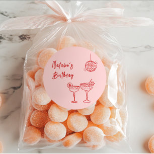 Pegatina Redonda Gafas De Cóctel Rojo De Mano Dibujadas Cumpleaños