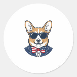 Pegatina Redonda Gafas de sol Corgi Patrióticas Arte Vector Vintage