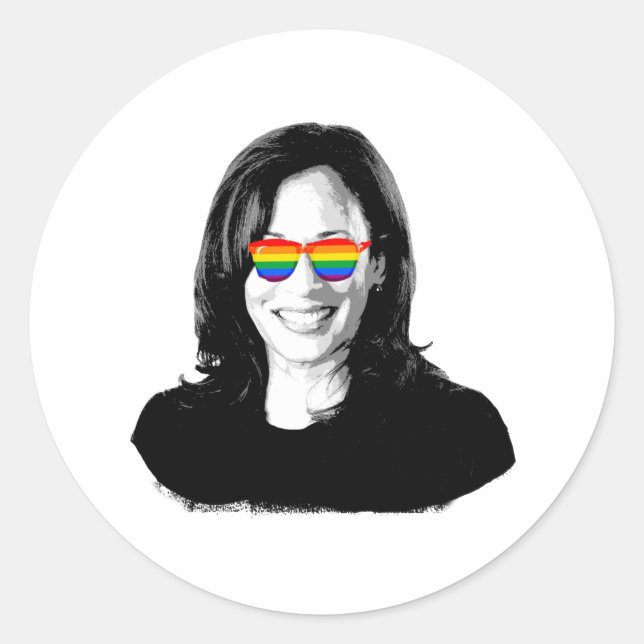 Pegatina Redonda Gafas de sol de arcoiris Kamala Harris (Anverso)