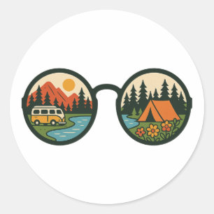 Pegatina Redonda Gafas de sol de aventura de camping retro naturale