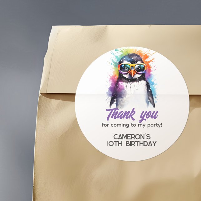 Pegatina Redonda gafas de sol de fiesta Pingüino, cumpleaños de niñ (Subido por el creador)