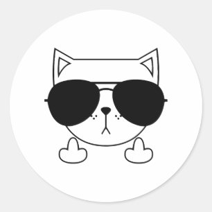 Pegatina Redonda Gafas de sol de gato dedo corazón