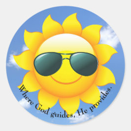 Pegatina Redonda Gafas de sol en sol amarillo en el cielo con cita