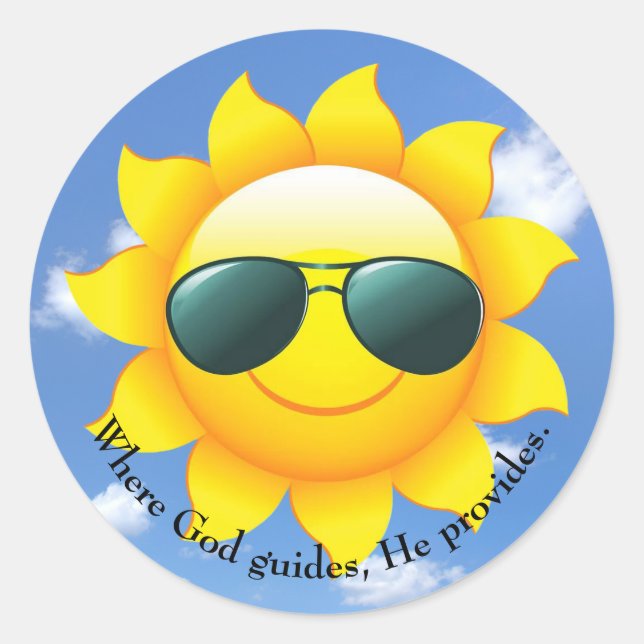 Pegatina Redonda Gafas de sol en sol amarillo en el cielo con cita (Anverso)