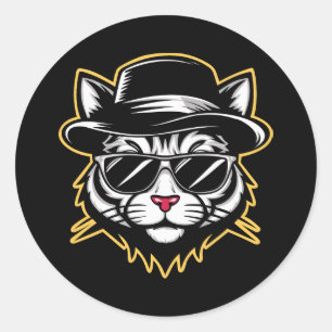 Pegatina Redonda Gafas de sol Fedora Cool Cat