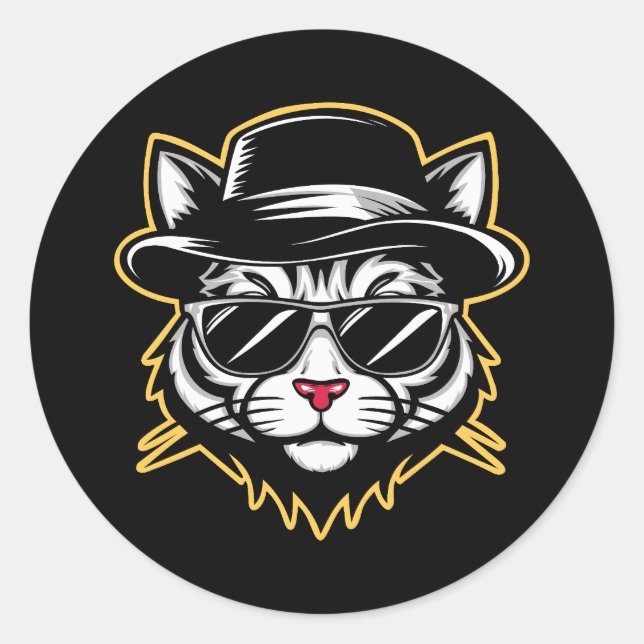 Pegatina Redonda Gafas de sol Fedora Cool Cat (Anverso)