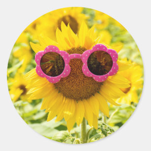 Pegatina Redonda Gafas De Sol Sobre El Girasol