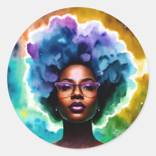 Pegatina Redonda Galaxia Afro Mujer Negra En Gafas
