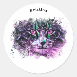 Pegatina Redonda Galaxia Cat Black Purple Green Watercolor Digital
