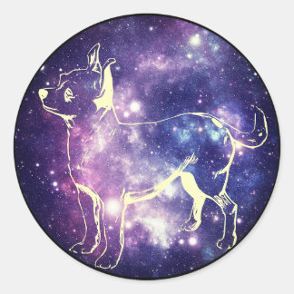 Pegatina Redonda Galaxia Cute Purple y Estrella Espacial Chihuahua