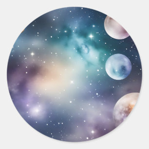 Pegatina Redonda Galaxia de acuarela etérea Cosmos