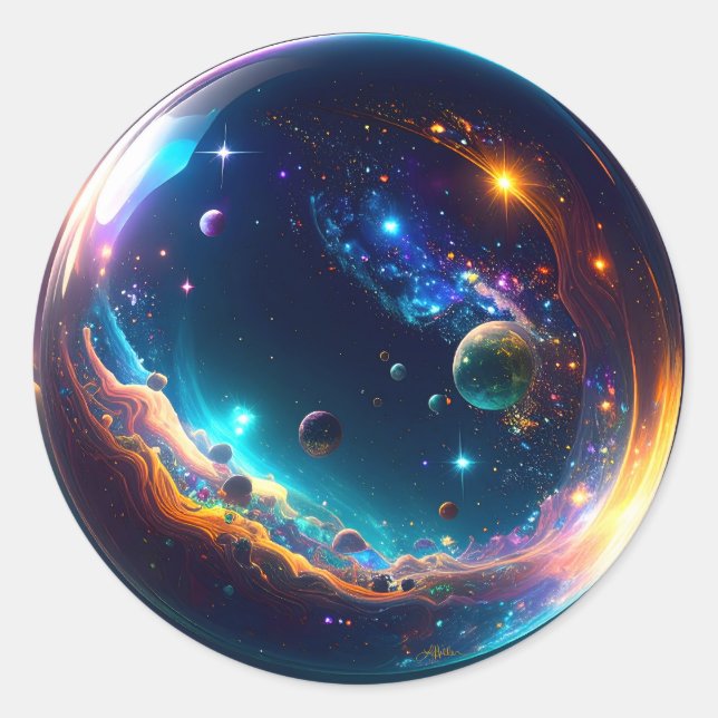 Pegatina Redonda Galaxia de burbujas cósmicas arte de fantasía (Anverso)