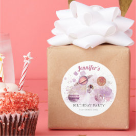 Pegatina Redonda Galaxia de planetas de cohetes Chica rosa en el es