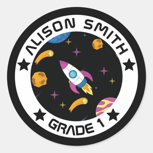 Pegatina Redonda Galaxia infantil personalizada Viajando (Anverso)