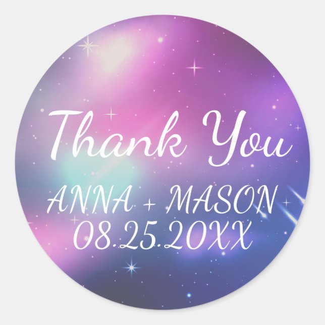 Pegatina Redonda Galaxia moderna con estrella en caída gracias Boda (Anverso)