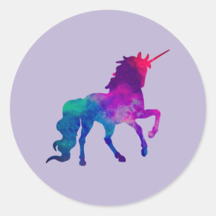 Pegatina Redonda Galaxy Unicornio en los colores del cielo azul y p