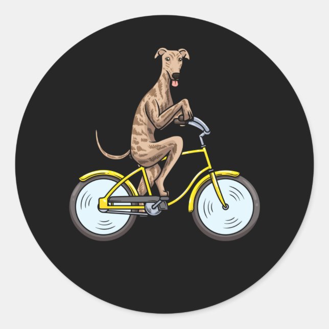 Pegatina Redonda Galgo Espanol Dog con bici esquisto español (Anverso)