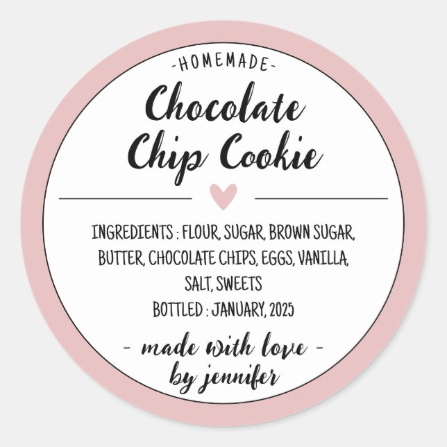 Pegatina Redonda Galleta casera rosa con chips de chocolate (Anverso)
