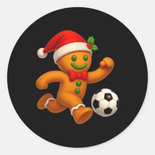 Pegatina Redonda Galleta de Jengibre Jugando Fútbol Feliz Navidad 