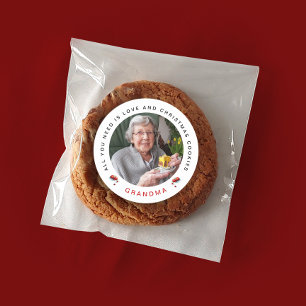 Pegatina Redonda Galleta de Navidad con Nombre Foto Chic Rojo Blanc