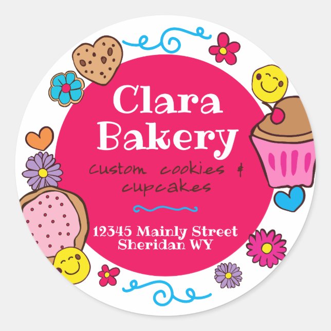 Pegatina Redonda Galletas de doodle, pastelitos, panadería (Anverso)