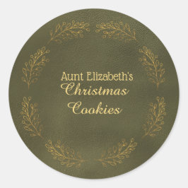 Pegatina Redonda Galletas De Navidad Hojas Verdes De Oro Elegantes