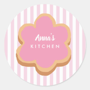 Pegatina Redonda Galletas de nombre personalizado con franja rosa p