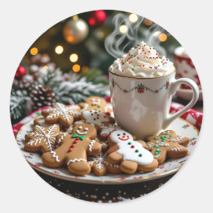 Pegatina Redonda Galletas dulces de Navidad y cacao caliente