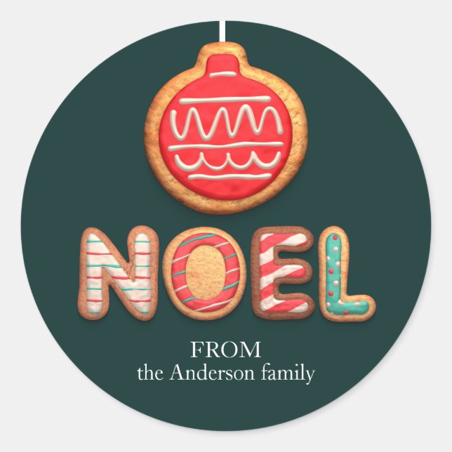 Pegatina Redonda Galletas Personalizadas Noel con Fiesta de Adorno (Anverso)