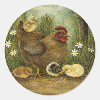 Pegatina Redonda Gallina Madre con Pollitos Alimentándose de Semill