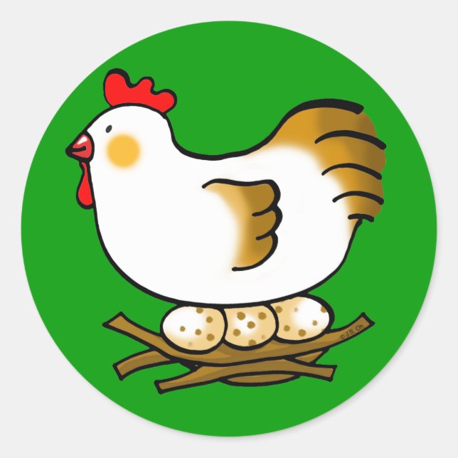 Pegatina Redonda gallina y huevos bonitos (Anverso)