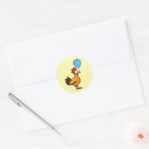 Pegatina Redonda Gallo de Dibujos Animados Sosteniendo Globo Azul