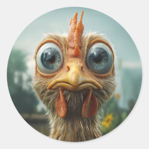 Pegatina Redonda Gallo Divertido de Ojos Grandes en Primer Plano
