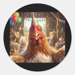 Pegatina Redonda Gallo Divertido Selfie Cumpleaños Sombrero Fiesta