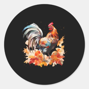 Pegatina Redonda Gallo Rooster Pollo Hojas de Otoño Día de Acción d