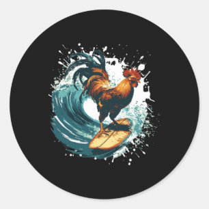 Pegatina Redonda Gallo Surfista Animal Deporte Surfista 