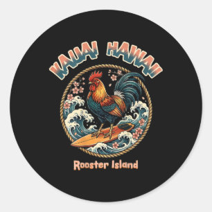 Pegatina Redonda Gallo surfista pollo surfista Kauai surf hawaiano