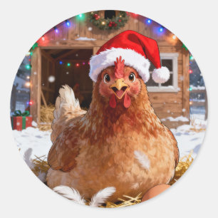 Pegatina Redonda Gallo y gallinero festivos lindos