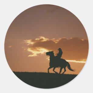 Pegatina Redonda Galloping Cowboy Silhouette