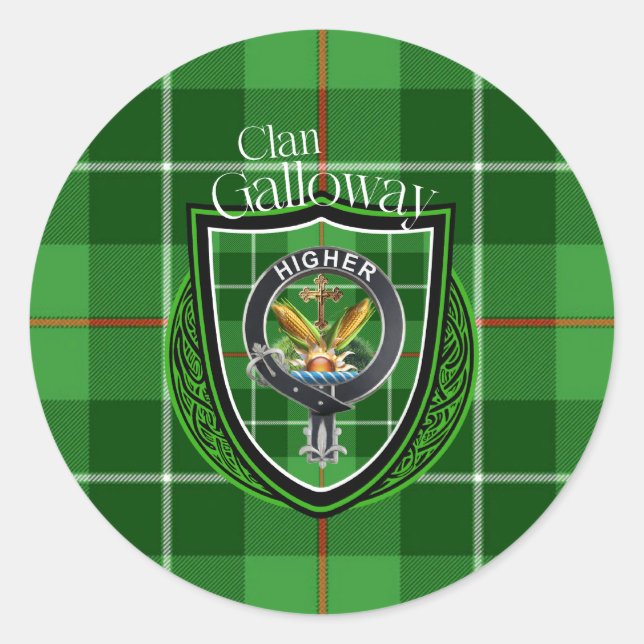 Pegatina Redonda Galloway Clan Escocesa Tartán y Escudo (Anverso)