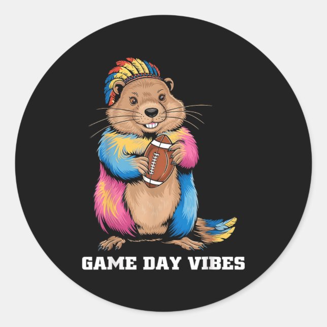 Pegatina Redonda Game Day Vibes Tribal Groundhog Holding Football F (Anverso)