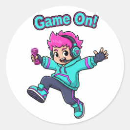 Pegatina Redonda Game On! – Cute Cartoon Gamer Character Sticker
