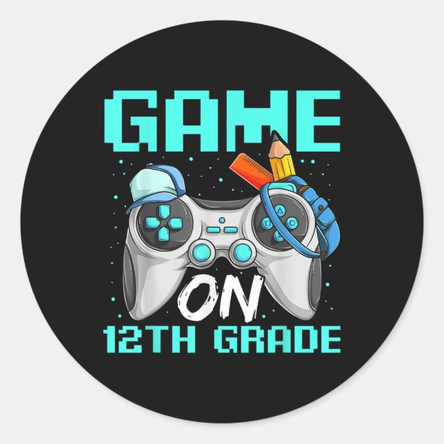 Pegatina Redonda Game On Twelfth Grade Shirts, Funny Gamer Boy Back (Anverso)