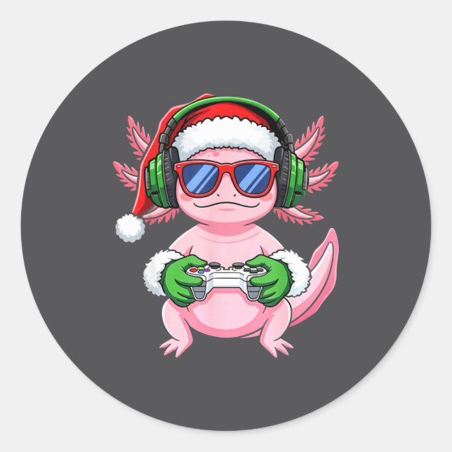 Pegatina Redonda Gamer Axolotl Christmas Shirt Funny Video Game San (Anverso)