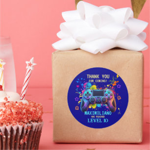 Pegatina Redonda Gamer Birthday Blue Splatter Paint Video Game