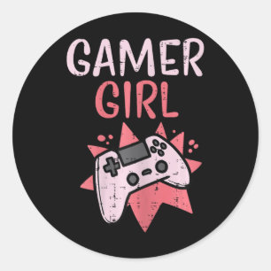 Pegatina Redonda Gamer Chica Controlador de juego rosa Juego Cuto V