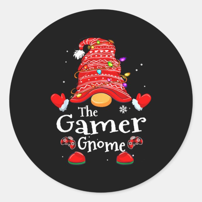 Pegatina Redonda Gamer Gnome - Xmas Video Gamers Christmas Gnomes  (Anverso)